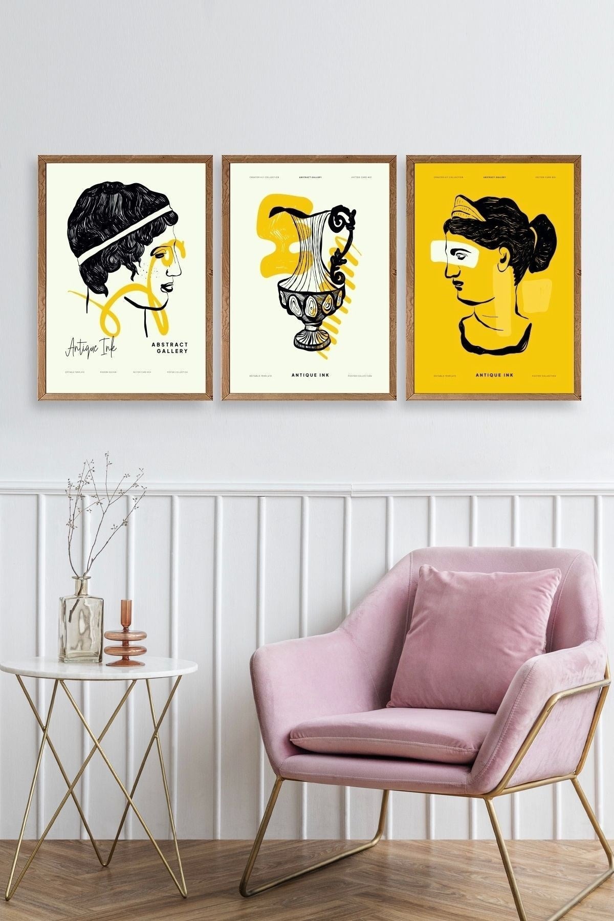 Soyut Üçlü Ahşap Çerçeveli Tablo 23 x 30