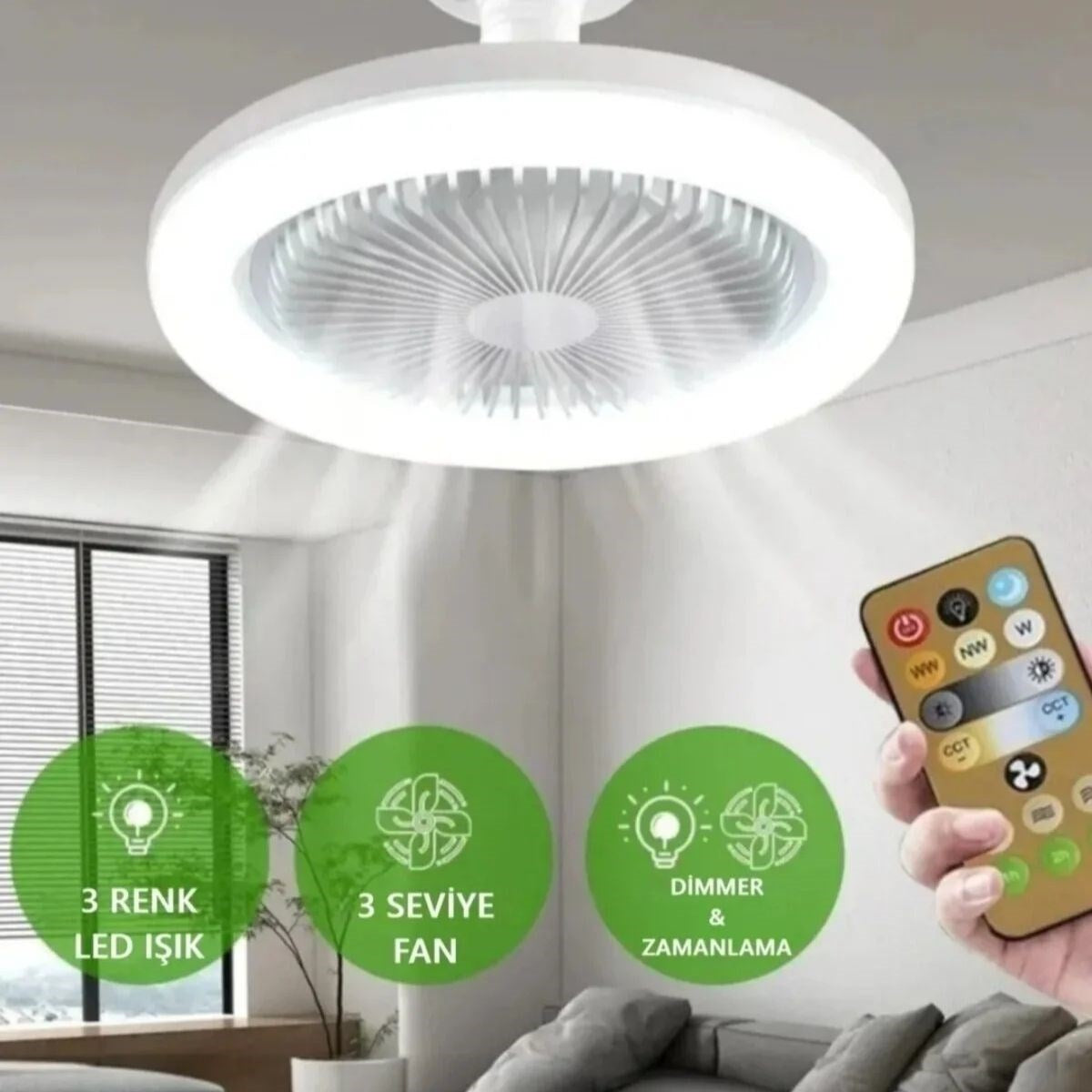 BUFFER®E27 Duylu 3 Farklı Işık Modlu ve 3 Seviye Fan Güçlü Uzaktan Kumandalı, Sessiz Kullanımlı, Kolay Kurulumlu,Led Işıklı Tavan Pervane Vantilatörü