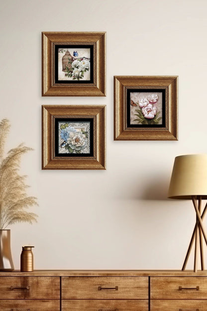 Çiçekler 3 lü Set Çerçeveli Taş Tablo 20 cm