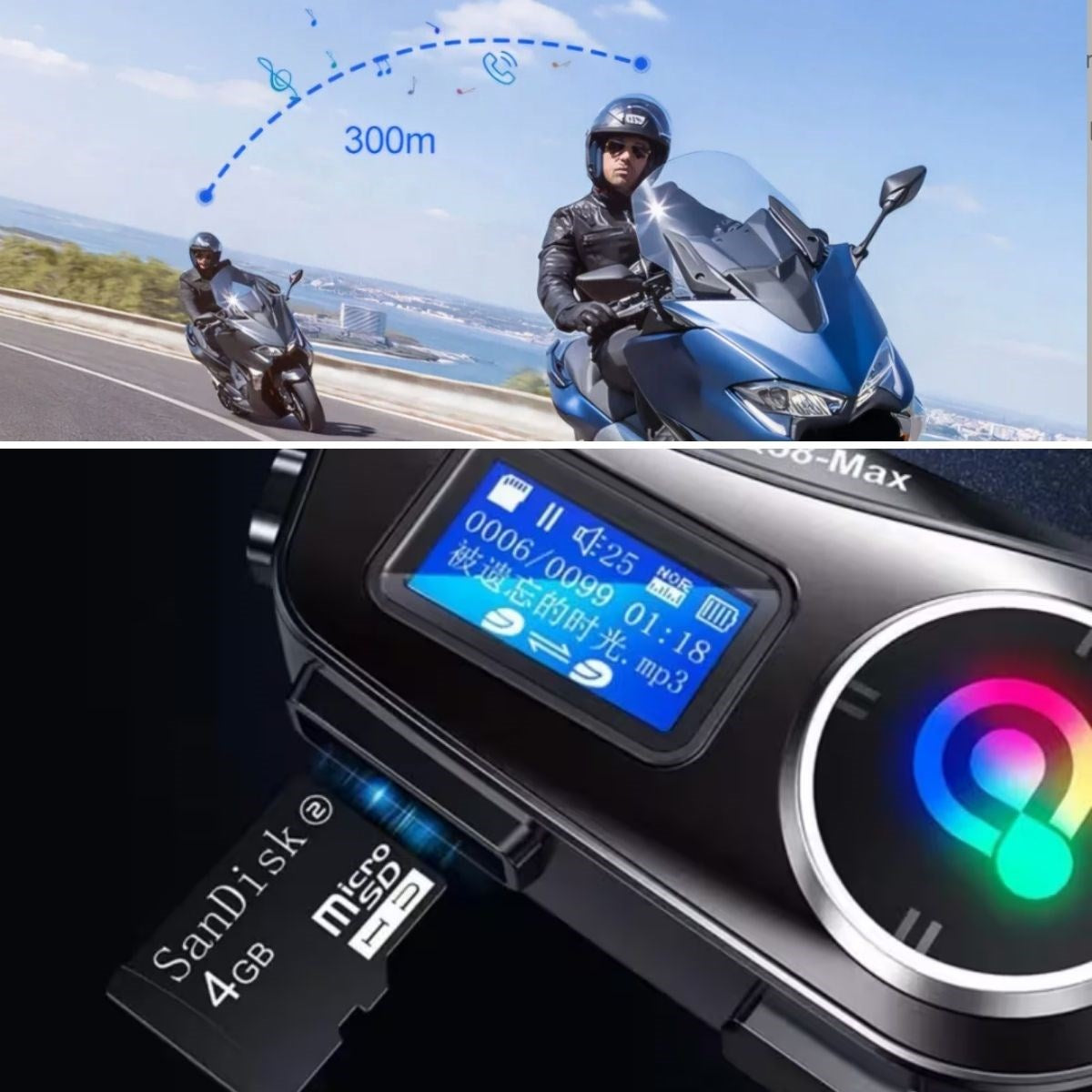 BUFFER® Q58 Motorsikletler İçin Fener Özellikli SD Kart Bölümlü LCD Ekranlı Kablosuz Bluetooth Kulaklıklı – Suya Dayanıklı Kask Kulaklığı