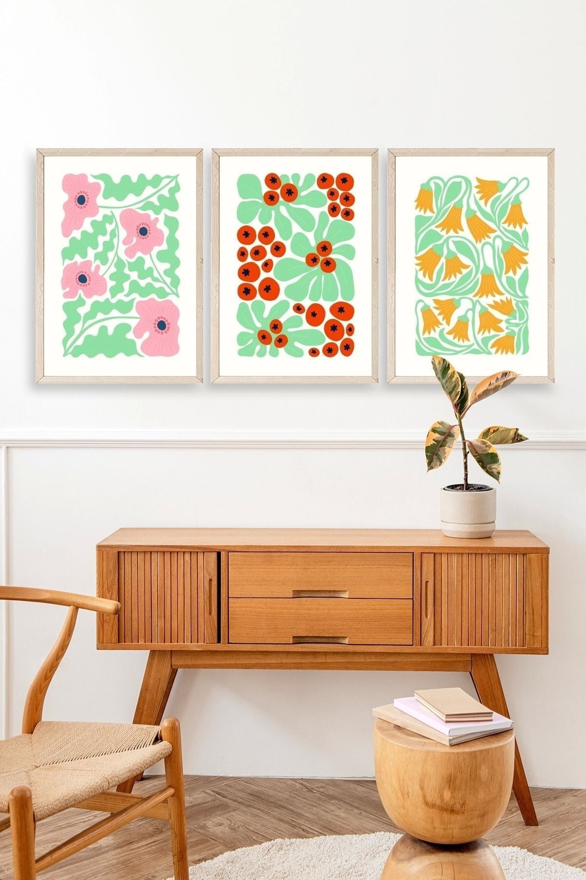 Çiçekler Üçlü Ahşap Çerçeveli Tablo 40 x 60