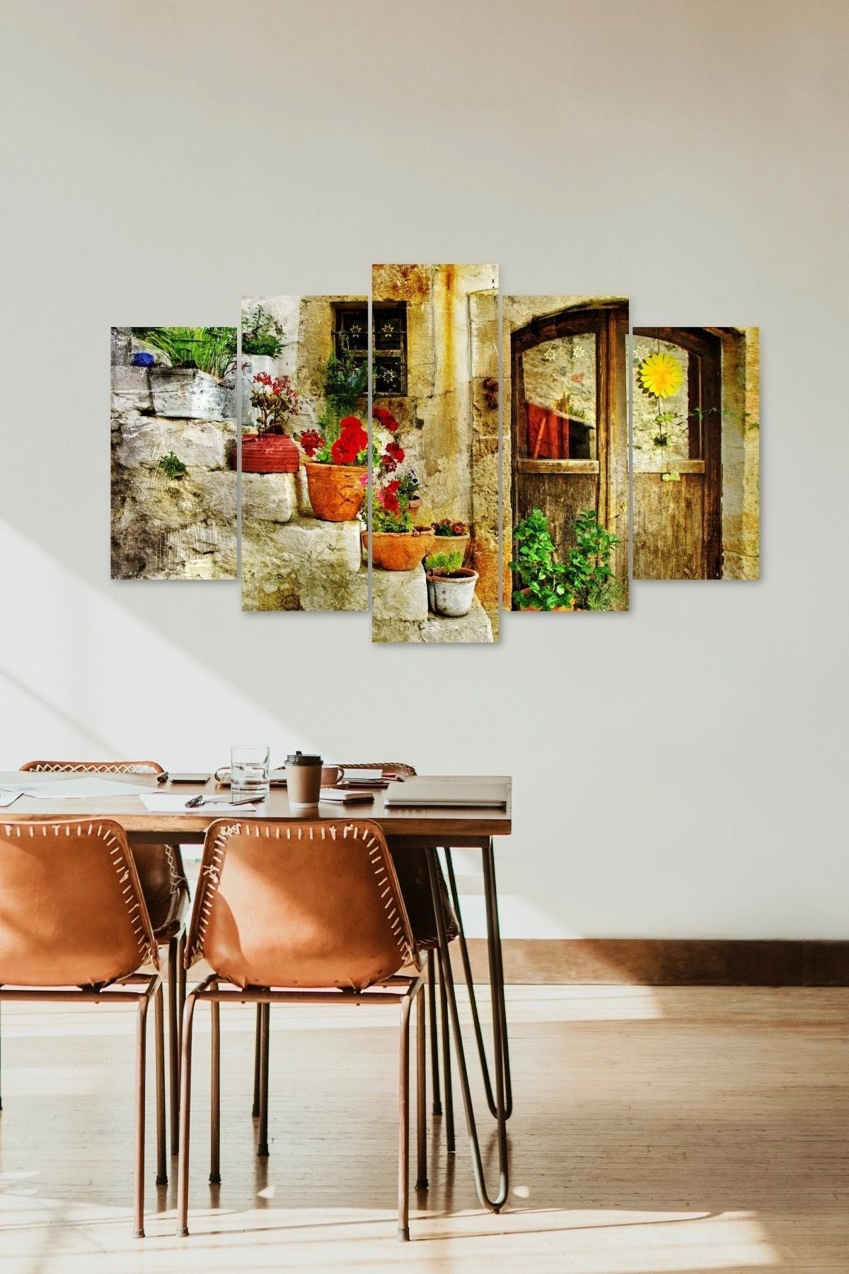 Eski Ev ve Çiçekler 5 Parçalı Mdf Tablo 60 x 100