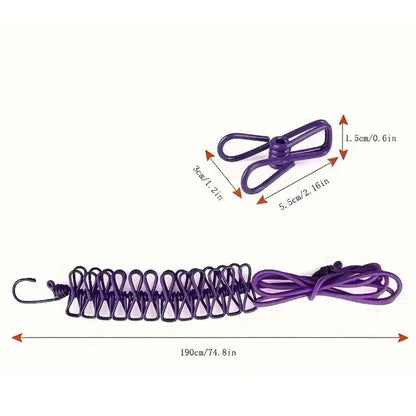 BUFFER® Taşınabilir Seyahat Çamaşır İpi 12 Mandallı Klipsli Lastikli Çamaşır Mandalları