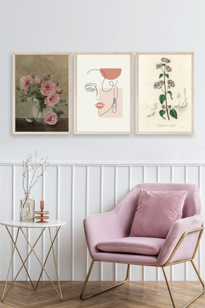 Çiçek Üçlü Ahşap Çerçeveli Tablo 50 x 70