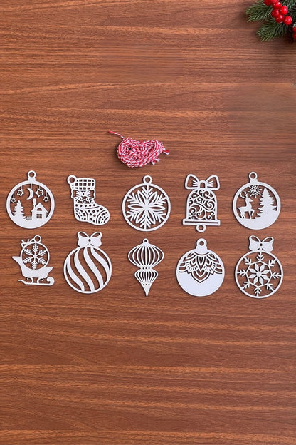 BUFFER® 10 Parça Kırmızı Beyaz İpli Karışık Model Ahşap Yılbaşı Ağaç Süsü