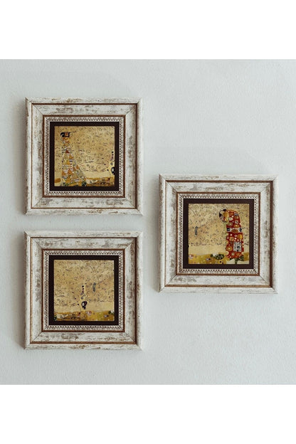 Gustav Klimt 3'lü Çerçeveli Taş Tablo , Çerçeveli Taş Duvar Dekoru 20 cm