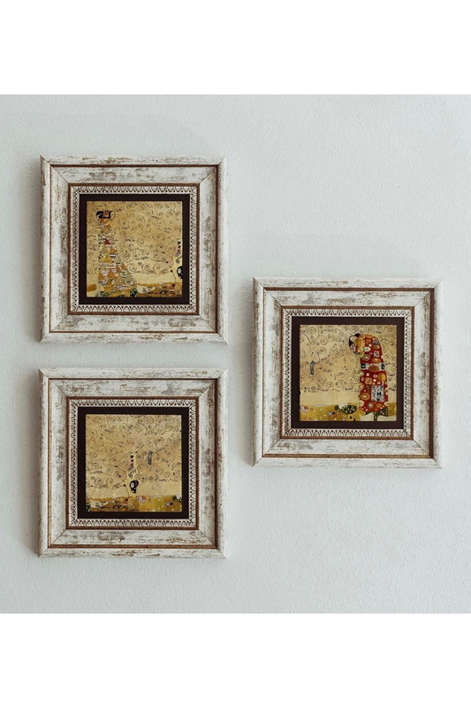 Gustav Klimt 3'lü Çerçeveli Taş Tablo , Çerçeveli Taş Duvar Dekoru 20 cm