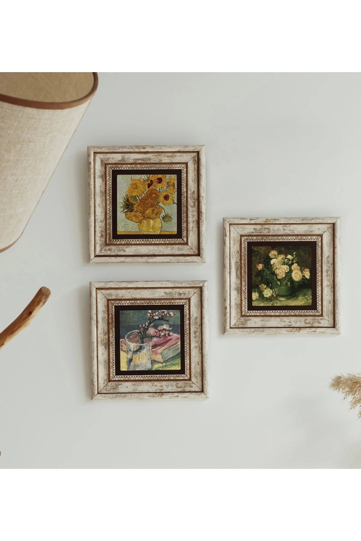 Çiçek Tasarımlı 3'lü Çerçeveli Taş Tablo , Çerçeveli Taş Duvar Dekoru 20 cm