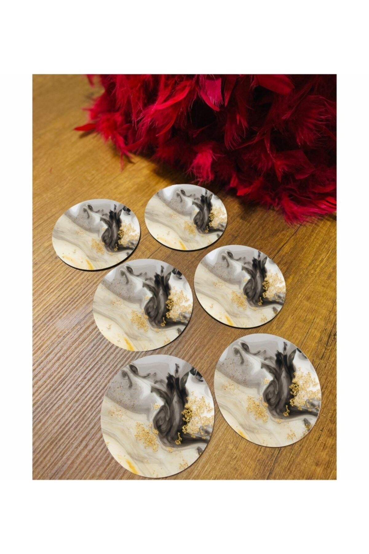 6 Parça Siyah Gold Mermer Ahşap Bardak Altlığı