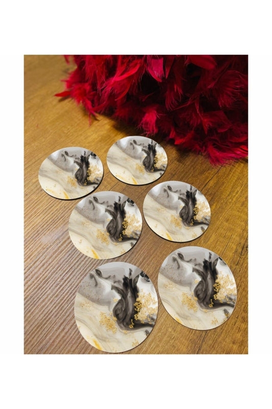 6 Parça Siyah Gold Mermer Ahşap Bardak Altlığı