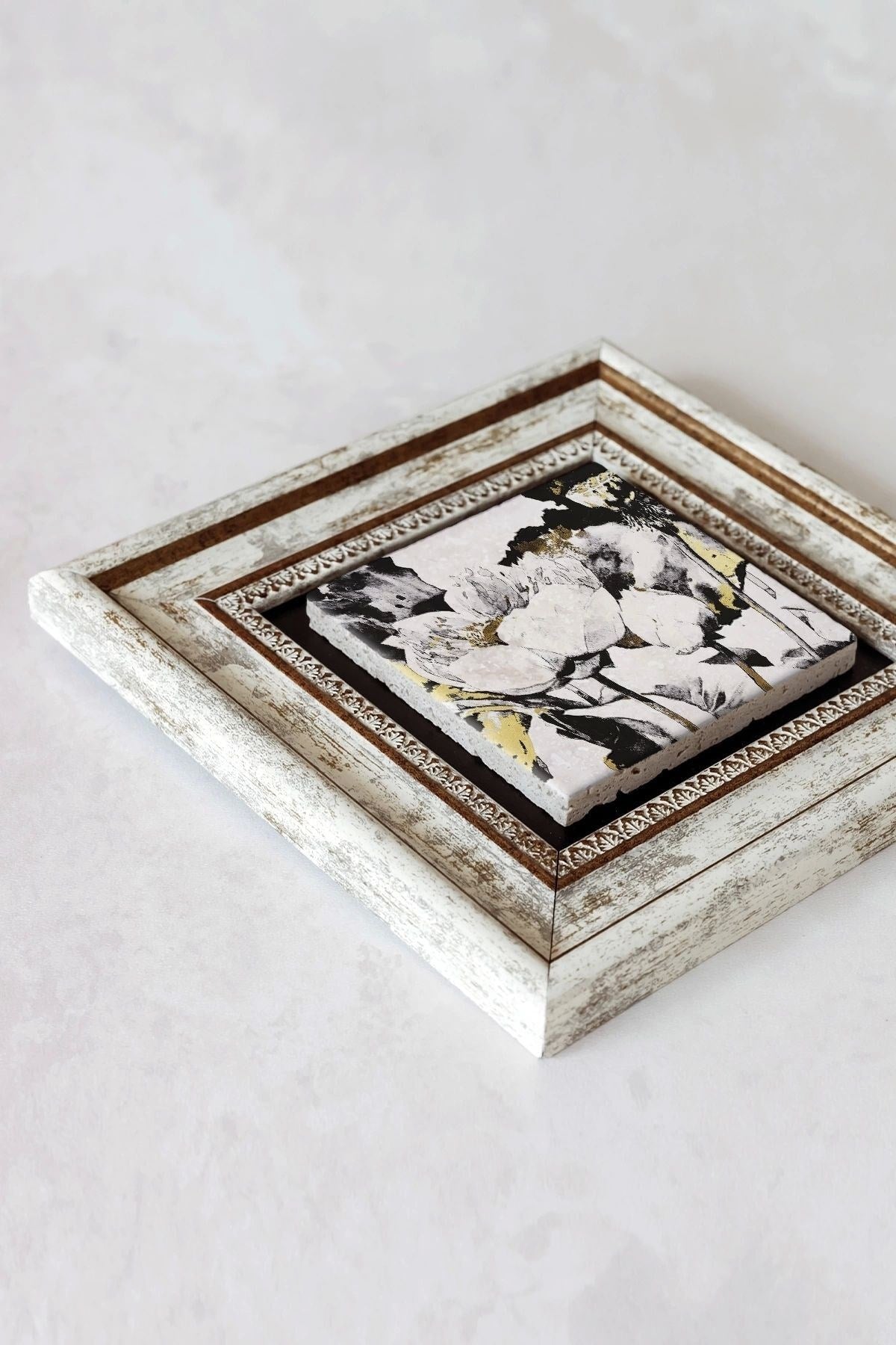 Çiçek Çerçeveli Taş Tablo , Çerçeveli Taş Duvar Dekoru-enkcrcvtbl-00155 20 cm