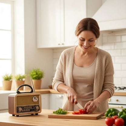 BUFFER® Orta  Boy Retro, Nostaljik, Ahşap Tasarım Bluetooth Hoparlörlü, Şarjlı, Taşınabilir FM/AM Destekli Radyo NS-8110