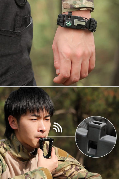 BUFFER® 5'i 1 Arada Çok Fonksiyonlu Hayatta Kalma Bilekliği Pusula, Düdük, Çakmak Taşı ve Şemsiye İpi Bileklik