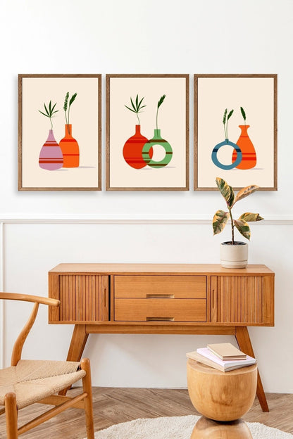 Çiçek Desenli Üçlü Ahşap Çerçeveli Tablo 17 x 23