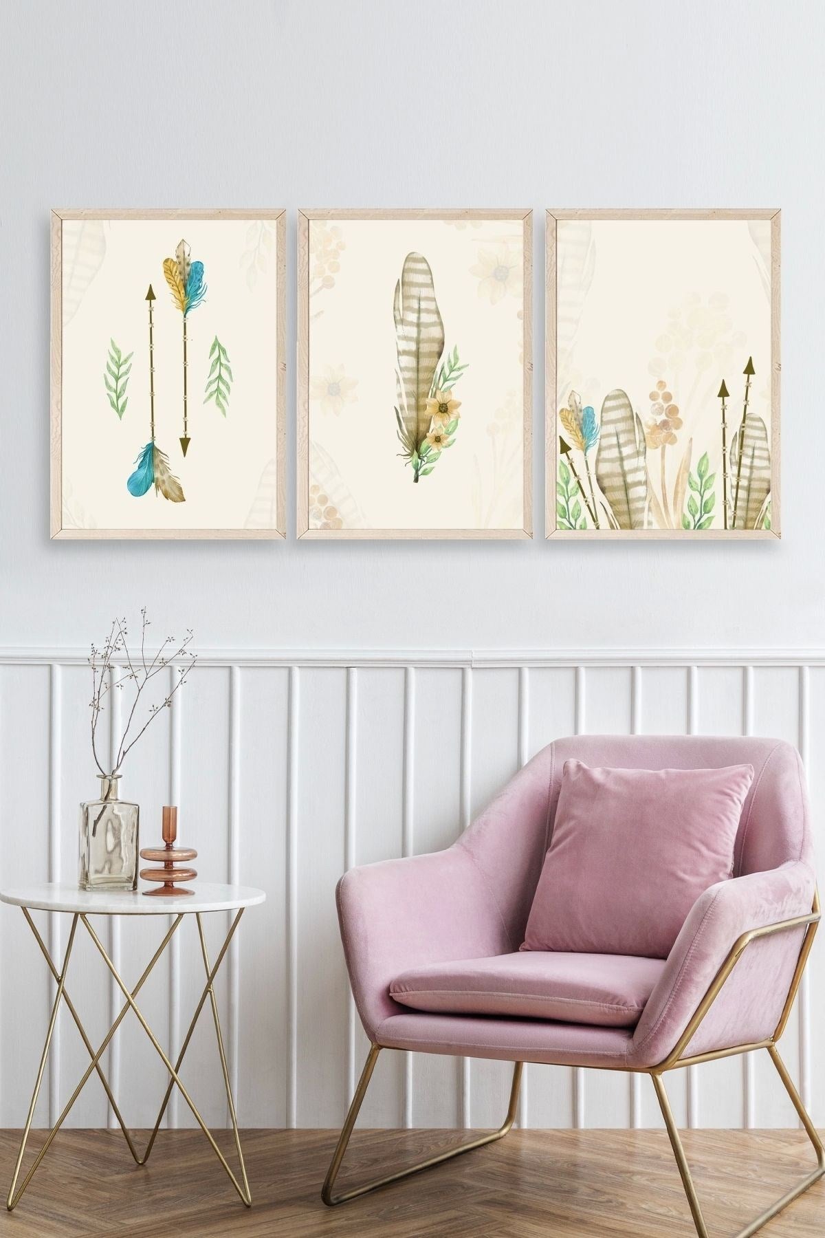 Çiçekli Desenler Üçlü Ahşap Çerçeveli Tablo 50 x 70