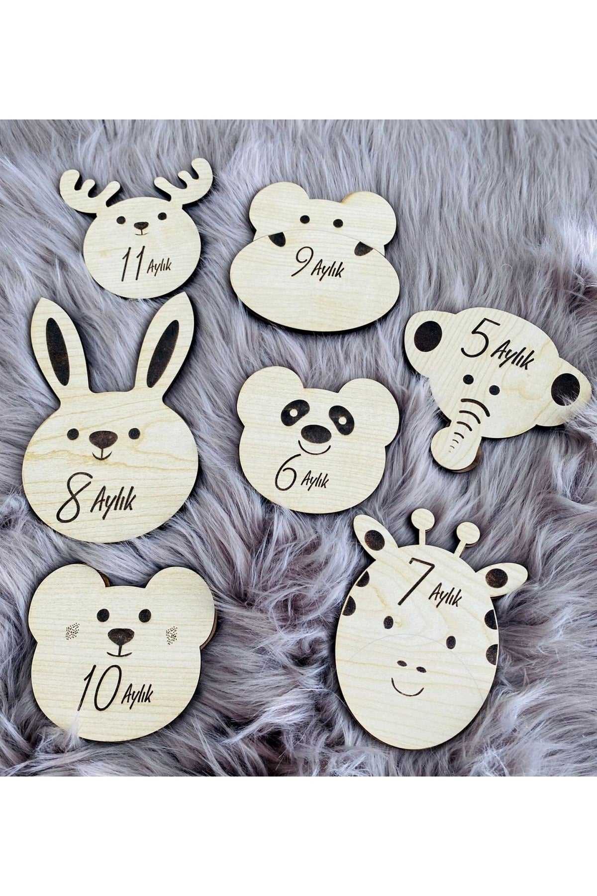 Sevimli Hayvanlar Ahşap Çift Taraflı Aylık Bebek Kartlar