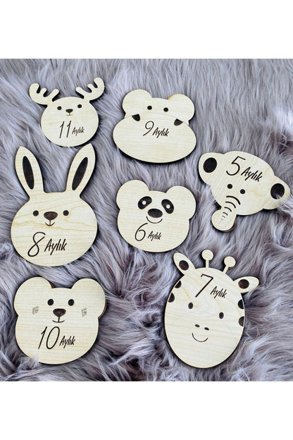 Sevimli Hayvanlar Ahşap Çift Taraflı Aylık Bebek Kartlar