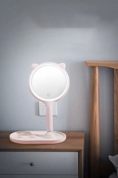 BUFFER® Kedi Kulaklı Telefon Standlı Yuvarlak Dokunmatik Led Ayarlı Masa Üstü Makyaj Aynası