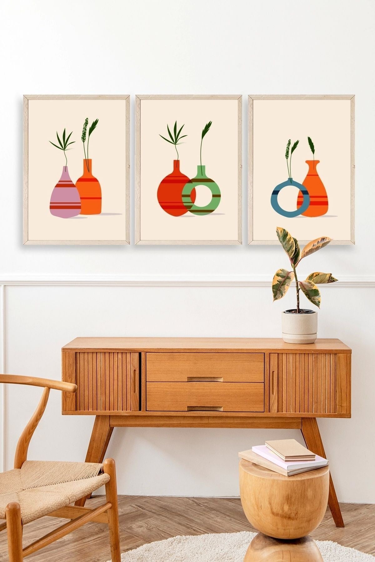 Çiçek Desenli Üçlü Ahşap Çerçeveli Tablo 23 x 30