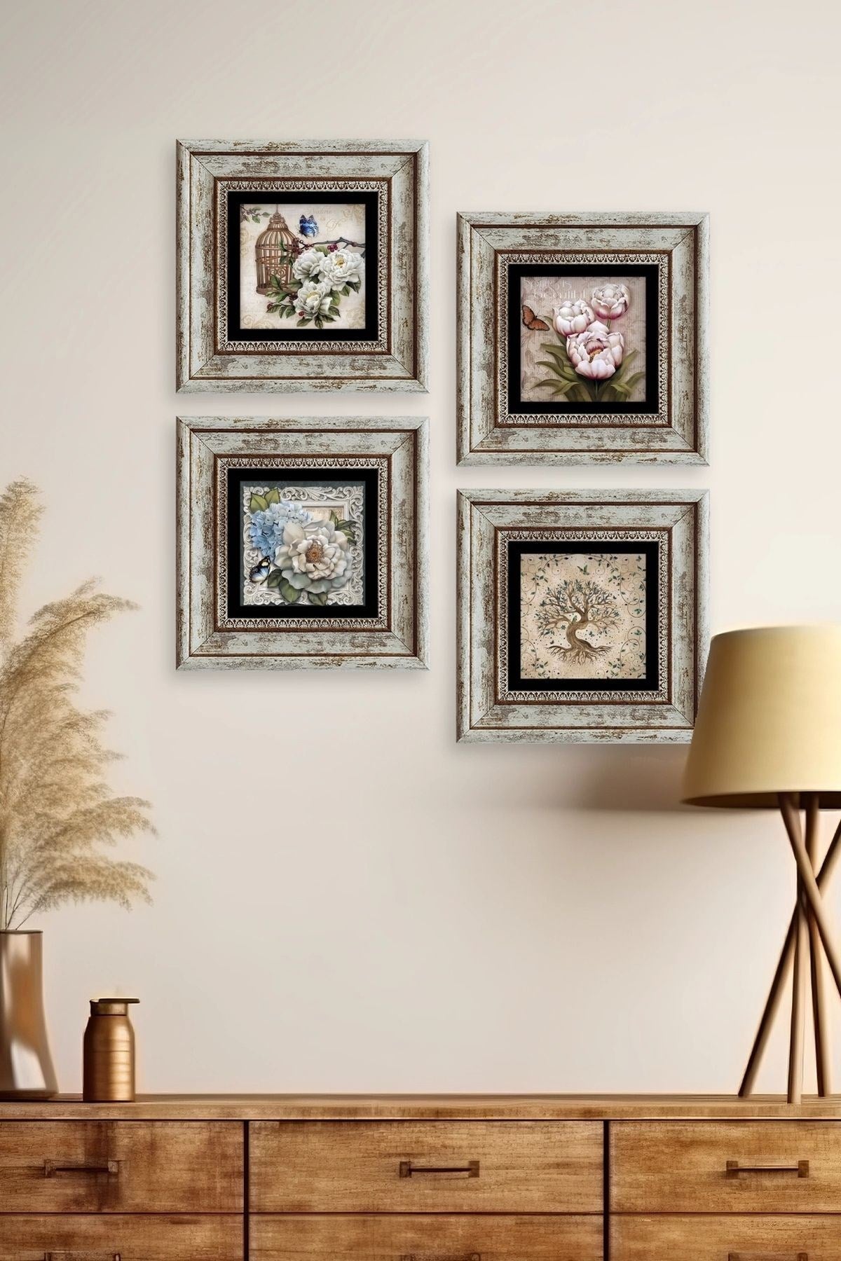 Çiçekler 4 lü Set Çerçeveli Taş Tablo 20 cm