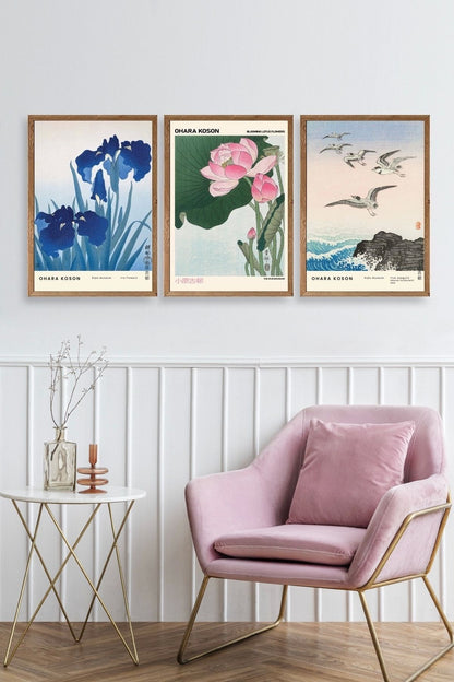 Vazodaki Çiçekler Üçlü Ahşap Çerçeveli Tablo 50 x 70