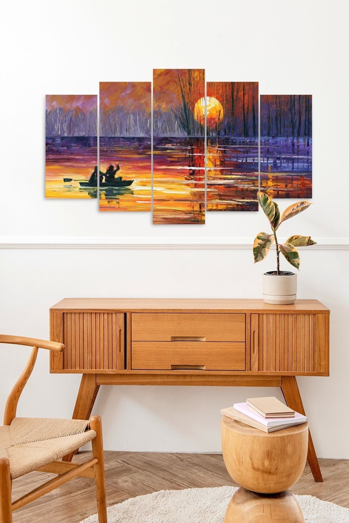 Batan Güneş ve Kayık 5 Parçalı Mdf Tablo 60 x 100