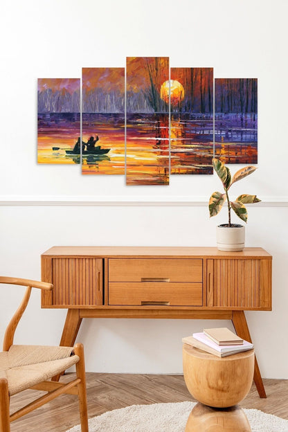 Batan Güneş ve Kayık 5 Parçalı Mdf Tablo 60 x 100