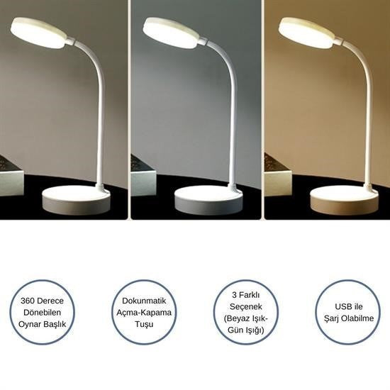 BUFFER® Yuvarlak USBli Dokunmatik 3 Kademeli 360 Derece  Özel Göz Korumalı Led Lityum Masa Lambası