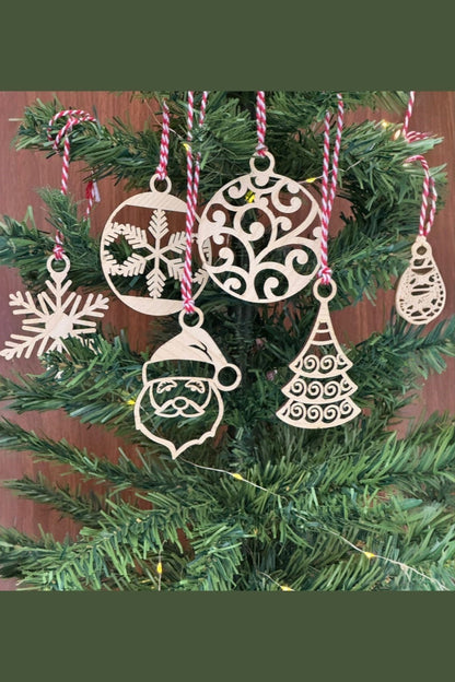 BUFFER® 6 Parça Kırmızı Beyaz İpli Noel Babalı ve Kar Tanesi Model Ahşap Yılbaşı Ağaç Süsü