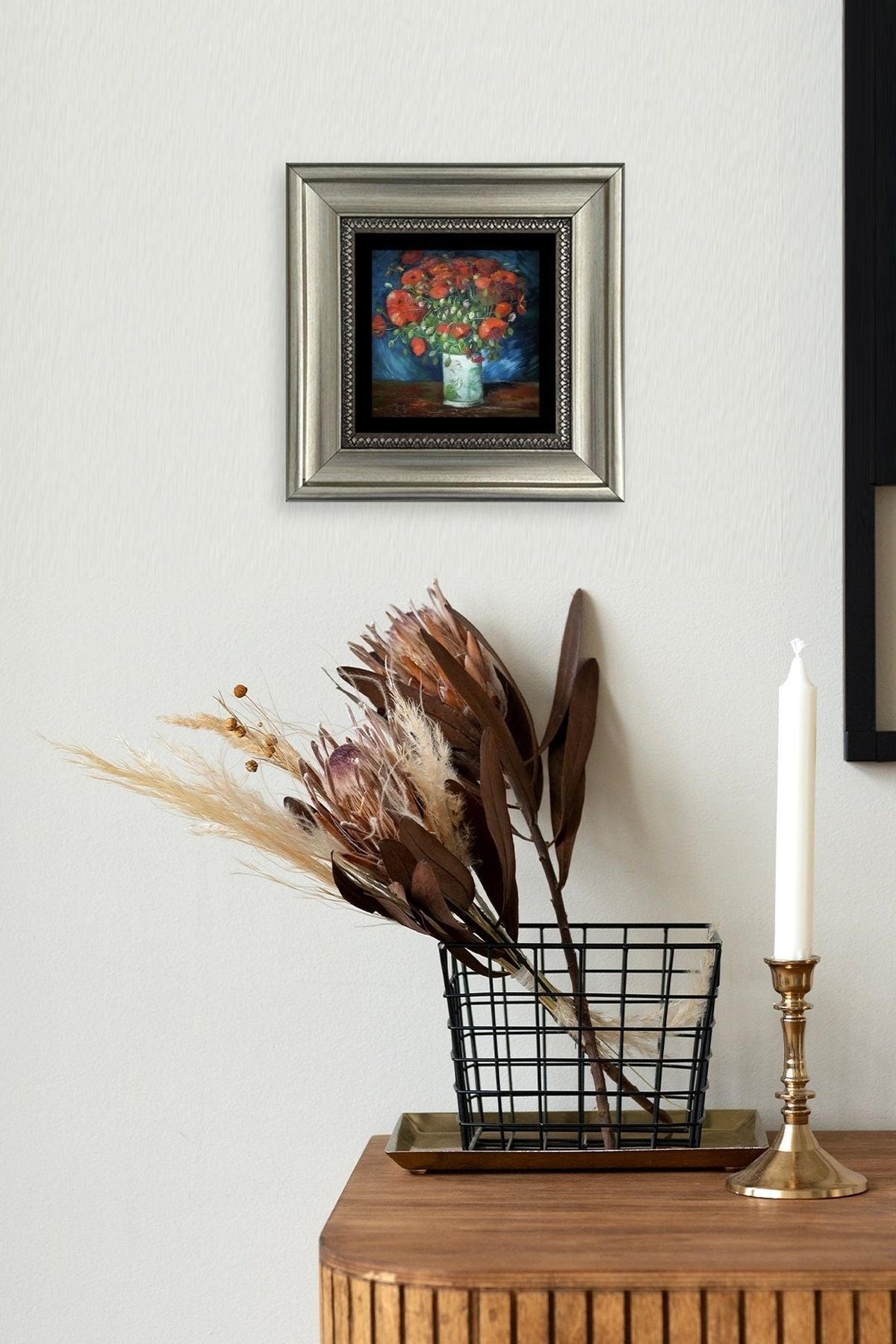 Van Gogh Çiçekli Vazo Çerçeveli Taş Tablo 20 cm