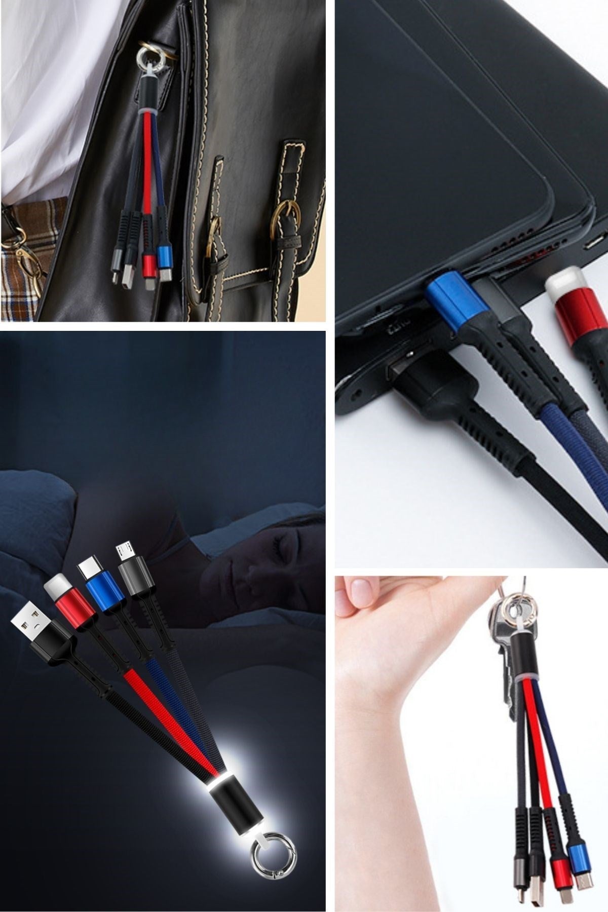 BUFFER® Işıklı Anahtarlık Model 3 in 1 USB Çıkışlı MİKRO,TYPE-C ve İphone Uyumlu Şarj Kablosu