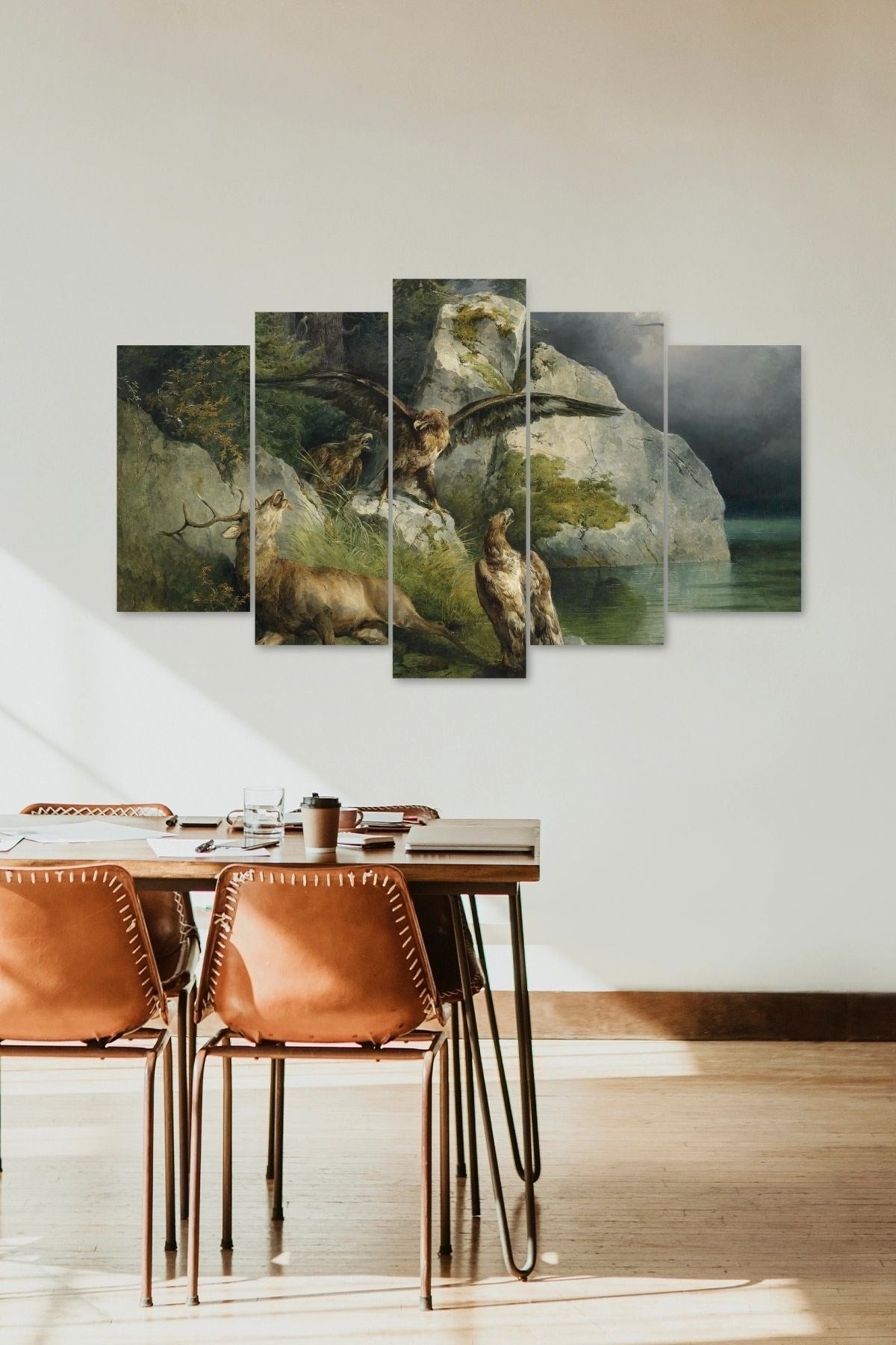 Kartal ve Geyikler 5 Parçalı Mdf Tablo 60 x 100
