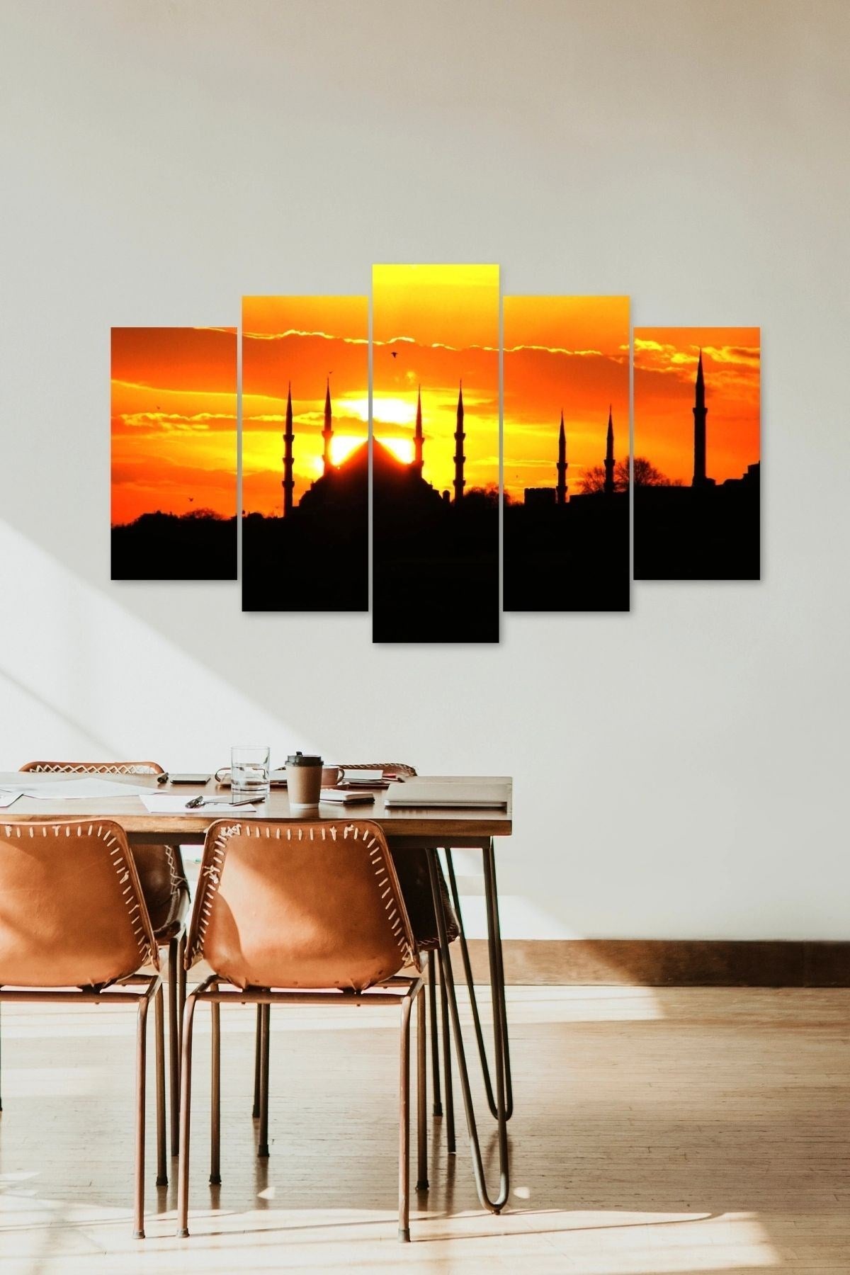 Camii Manzarası Güneş 5 Parçalı Mdf Tablo 60 x 100