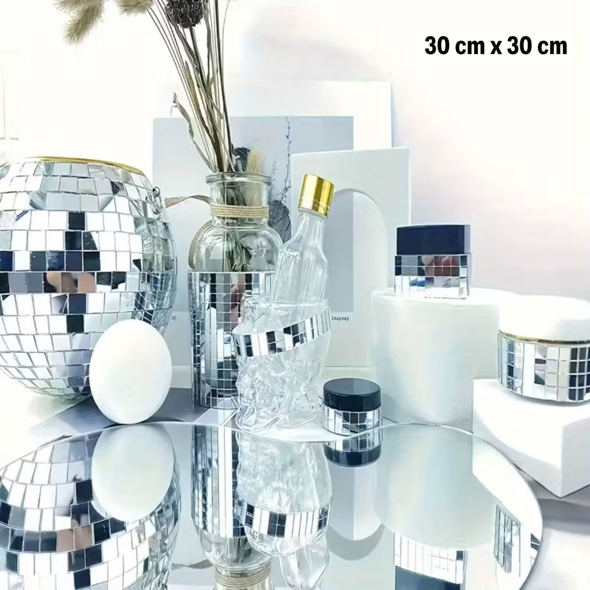 BUFFER® Kare Silver Cam Mozaik Fayans Çıkartmaları El İşi Kare Cam Fayans Kendinden Yapışkanlı Aynalı Dekor Panel 30x30 Cm