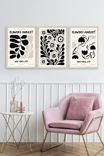 Flower Market Üçlü Ahşap Çerçeveli Tablo 40 x 60