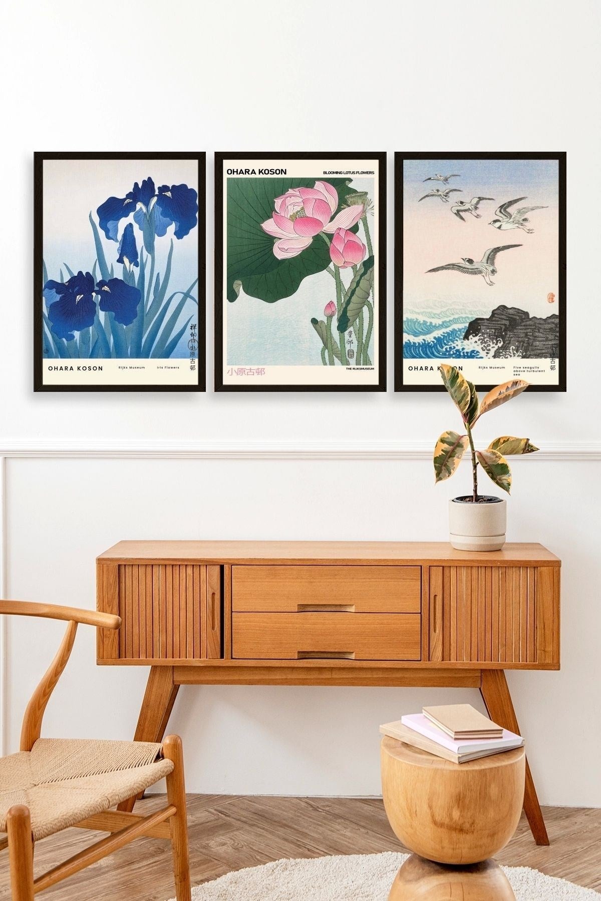 Vazodaki Çiçekler Üçlü Ahşap Çerçeveli Tablo 23 x 30