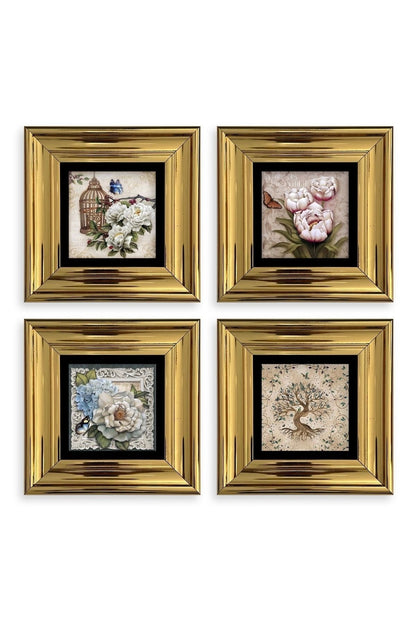 Çiçekler 4 lü Set Çerçeveli Taş Tablo 20 cm