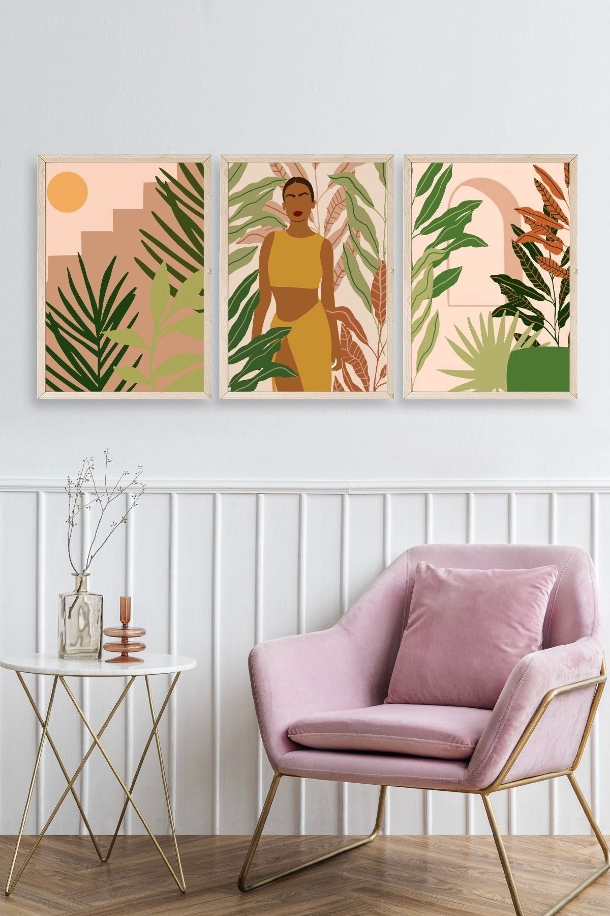 Düşündüren Çiçekli Üçlü Ahşap Çerçeveli Tablo 17 x 23