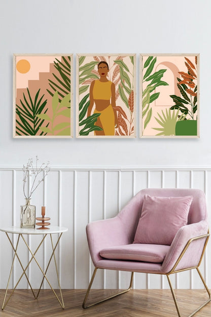 Düşündüren Çiçekli Üçlü Ahşap Çerçeveli Tablo 17 x 23