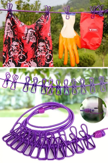 BUFFER® Taşınabilir Seyahat Çamaşır İpi 12 Mandallı Klipsli Lastikli Çamaşır Mandalları