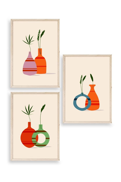 Çiçek Desenli Üçlü Ahşap Çerçeveli Tablo 50 x 70