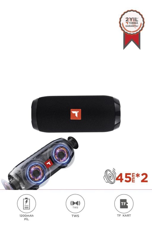 Torima D47 Siyah Bluetooth Hoparlör Kablosuz Taşınabilir Ses Bombası TWS, USB, TF Kart, 1200 mah